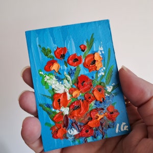 Cartão original ACEO, flores RED POPPY Pintura a óleo impasto 3,5 x 2,5 polegadas, arte floral colecionável, pintura com faca de paleta texturizada por Ira Gorky