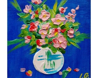 Red Roses Impasto Oil Painting: Miniature Floral Still Life, 4x4" Boho Art