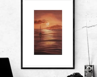 Sailboat Seascape Watercolor Painting: Sunset Ocean Art (5x8 inch)