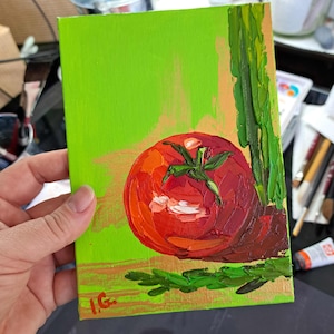 Empâtement 3D, peinture à la tomate, art technique mixte, oeuvre d'art nature morte tomates 5 x 7 po. Oeuvre d'art culinaire par Ira Gorky