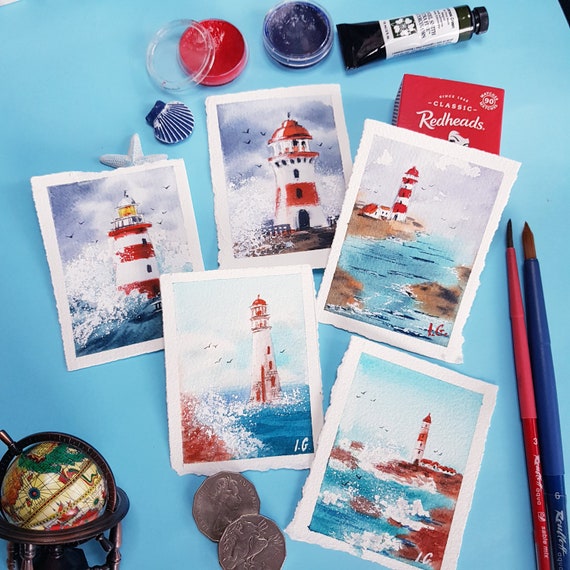ACEO original card Lighthouse watercolor miniature seascape painting 3.5x2.5 inches collectable art card by Ira Gorky