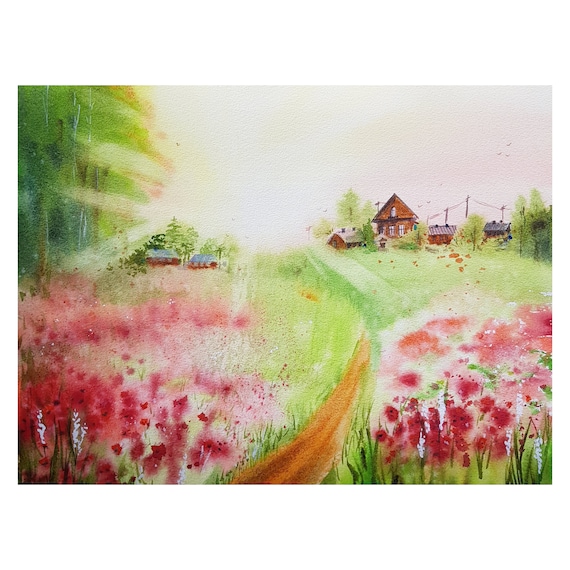 POPPY FIELD landscape painting, Original watercolor