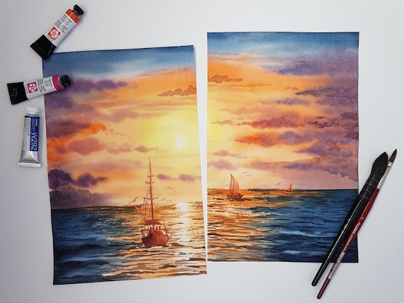 Sailboat Ocean Sunset Set of 2 pieces wall art Commission seascape painting, Gifts for fishermen, Sky and Sea at sunset by Ira Gorky