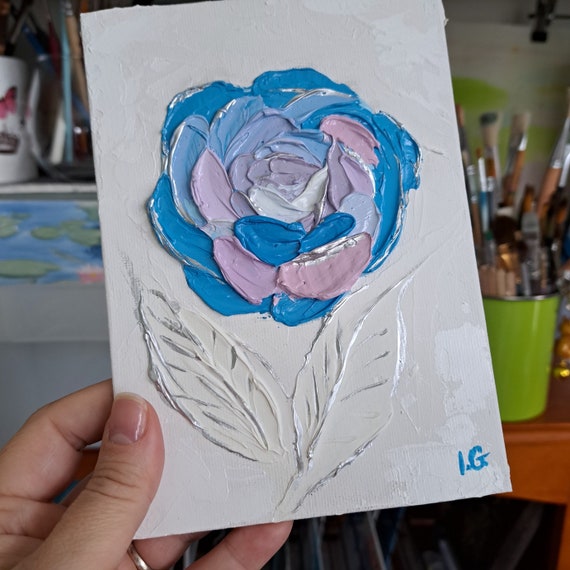 Blue Roses Impasto Oil Painting: Abstract Floral Artwork (5x7 in)