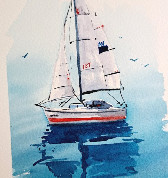 Sailboat watercolor seascape painting, Sailing yacht wall art, Boat painting, Calm sea Watercolour seascape painting by Ira Gorky