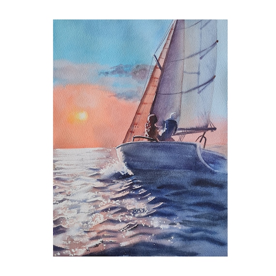Sailboat wall art, Watercolor seascape painting, Relaxing PINK SUNSET artwork by Ira Gorky