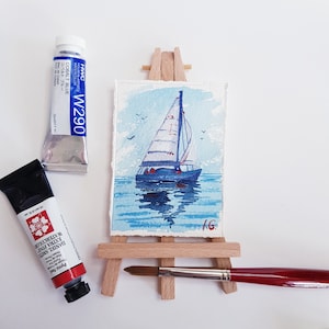 ACEO original Karte SEGELBOOT Ozean Malerei, Geschenke für Fischer Mini Seelandschaft 9,5 x 2,5 Zoll von Ira Gorky