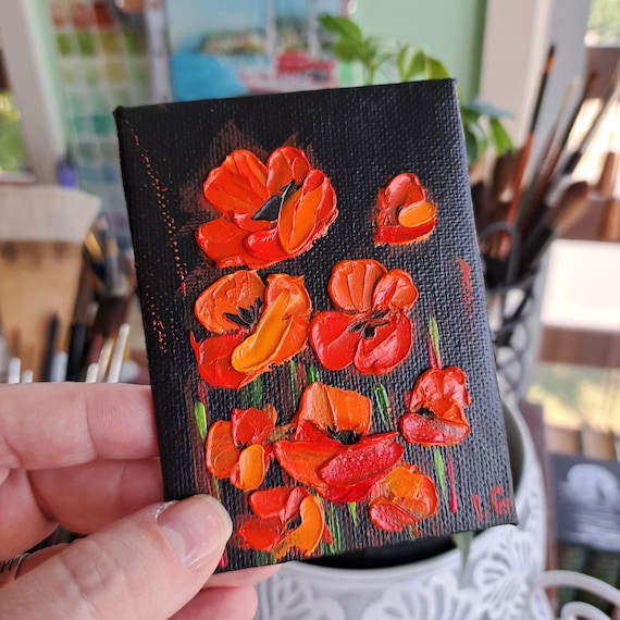 ACEO original card, RED POPPY flowers Impasto oil painting, 3 x 4 inches Miniature floral art, Textured Palette knife painting by Ira Gorky