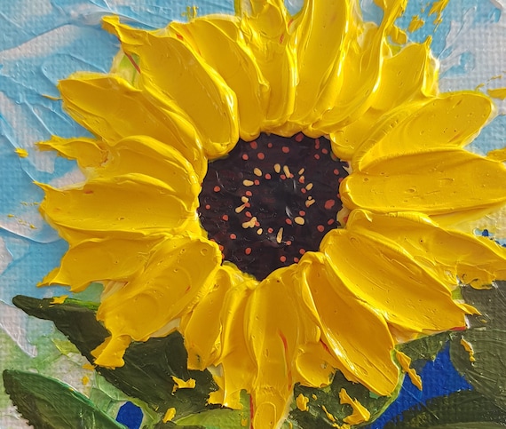 SUNFLOWER Painting 3D Impasto Original Art Floral Oil Painting Small Flowers Wall Art by Ira Gorky