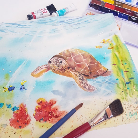TURTLE and Fish wall art Watercolor seascape painting, Sea turtle artwork, Underwater watercolour painting by Ira Gorky