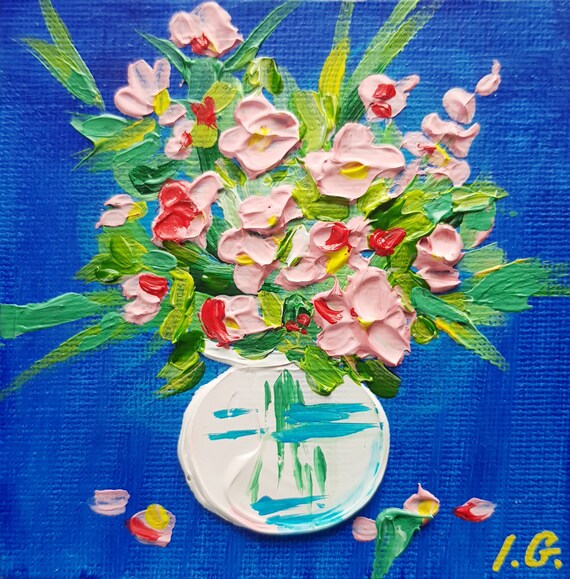 Red Roses Impasto Oil Painting: Miniature Floral Still Life, 4x4" Boho Art