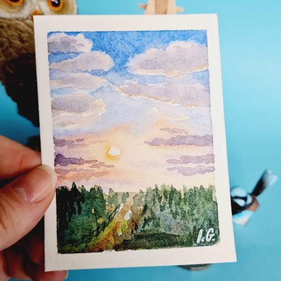 Tiny Hand-painted Watercolor Landscape ACEO original card by Ira Gorky, Stunning landscape art 3.5" x 2.5" Miniature Painting