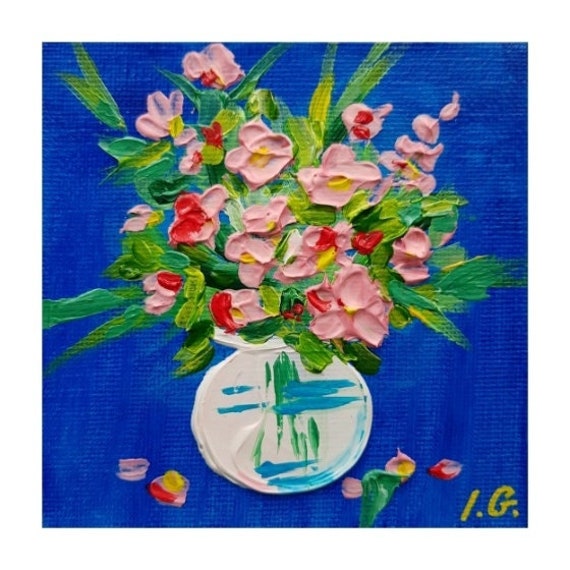 Red Roses Impasto Oil Painting: Miniature Floral Still Life, 4x4" Boho Art