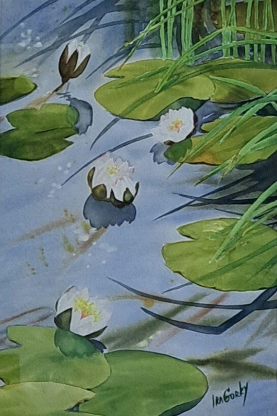 Waterlily painting, White flowers with blue and green background, Hints of sunshine, original flowers painting 12" x 17" by Ira Gorky