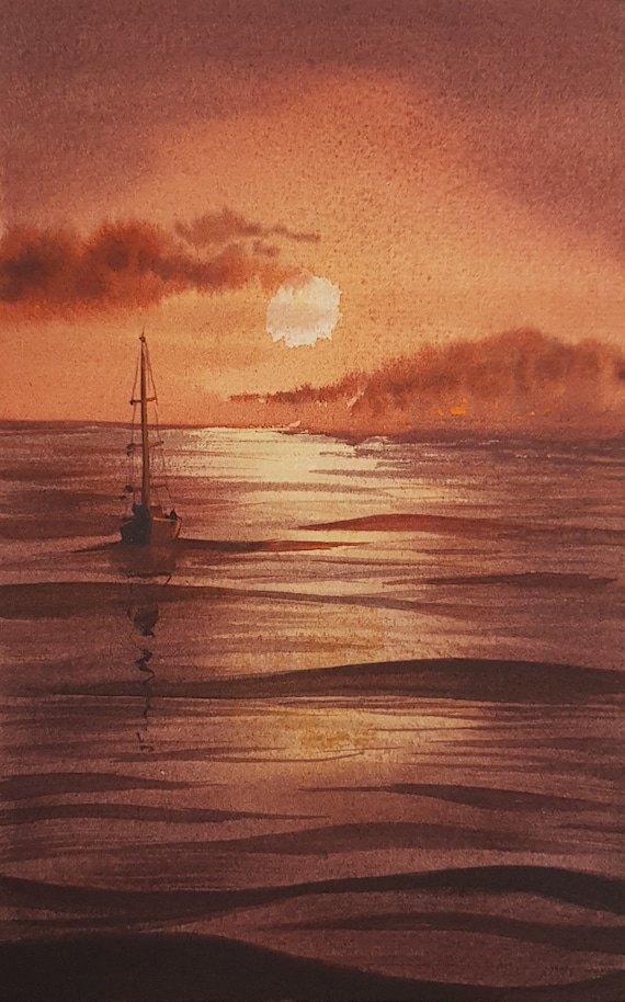 Beautiful Sailboat Seascape Painting, Ocean artwork, Sailing gift for him, Seascape Wall Art 5 x 8 inch Gift for fishermen by Ira Gorky