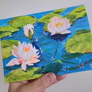 SEEROSEN Blumen im Teich Originalgemälde auf Leinwand Brett 5 &quot;x 7&quot; Seerose, Acrylmalerei von Ira Gorky
