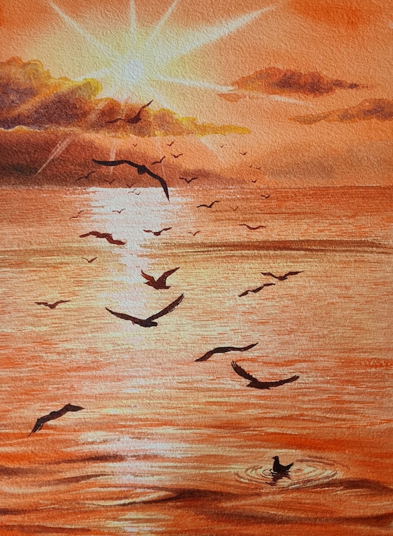 Watercolor seascape painting SUNSET LIGHT artwork, Original Seascape Wall Art of the setting sun by Ira Gorky
