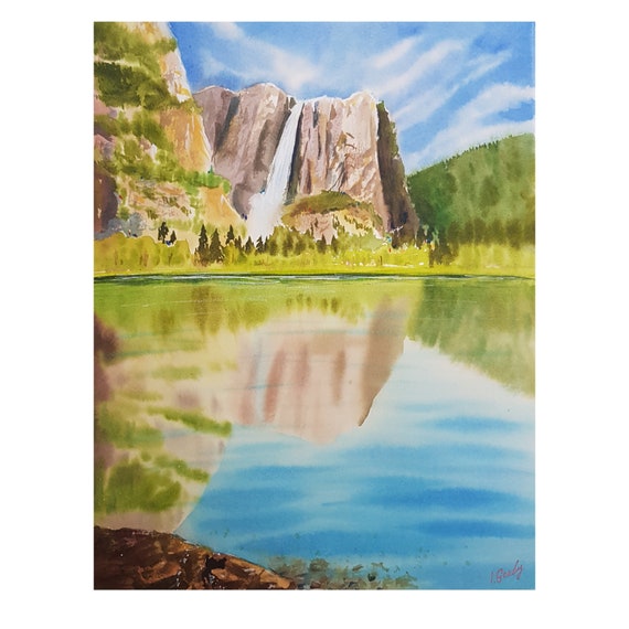 Yosemite falls Original painting, National park artwork, Watercolor landscape painting by Ira Gorky