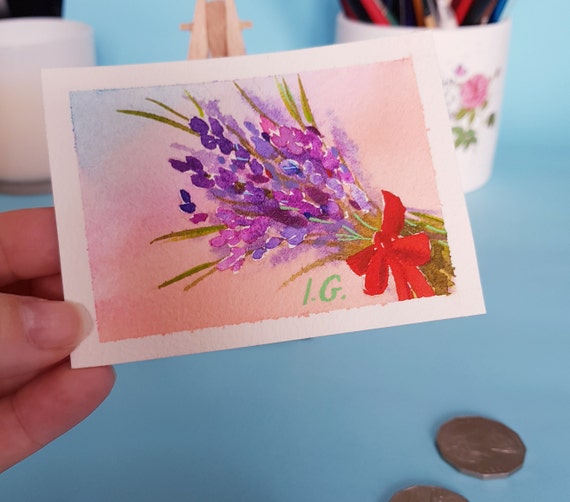 Tiny Floral Watercolor Painting LAVENDER BOUQUET small wall art, ACEO original card 3.5 x 2.5 inch Mini dollhouse artwork by Ira Gorky