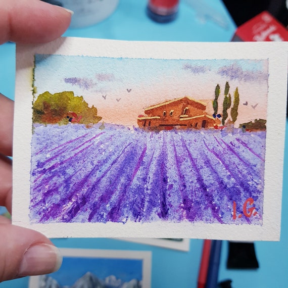 ACEO original card LAVENDER FIELDS Watercolor Painting, Beautiful scenery Landscape 3.5" x 2.5" Original hand painted art by Ira Gorky