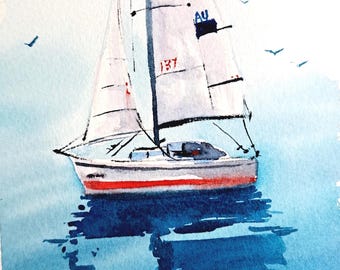 Sailboat Watercolor Painting: Calm Sea Seascape Art, 7" x 10"