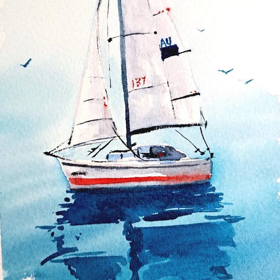Sailboat watercolor seascape painting, Sailing yacht wall art, Boat painting, Calm sea Watercolour seascape painting by Ira Gorky