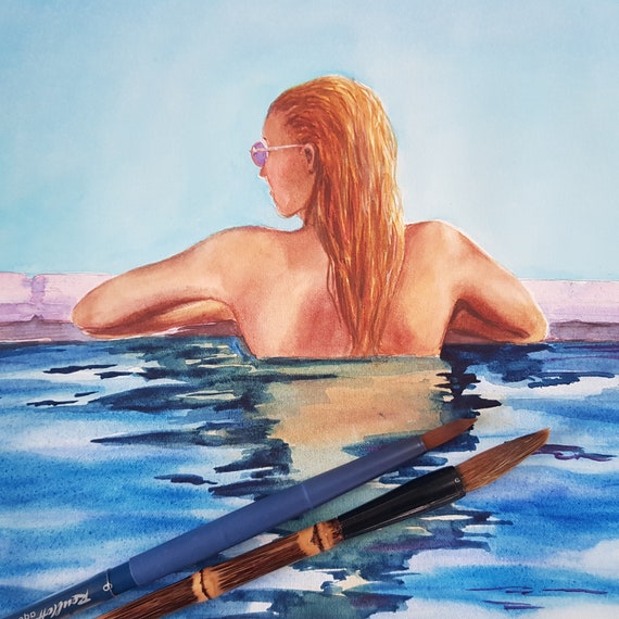 Girl In The Pool Original Watercolor Nude Beach Painting, Girl Bathing Summer Wall Art, Naked woman art, Swimming Girl by Ira Gorky