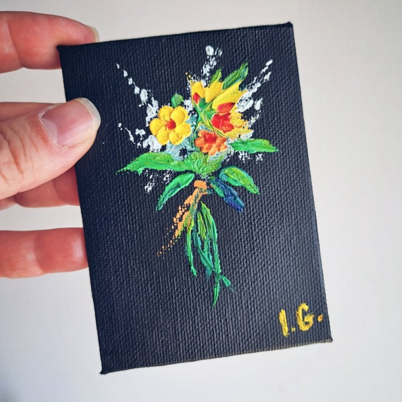 ACEO original card, Small Flowers bouquet Impasto Oil Painting 3 x 4 inches Miniature oil painting