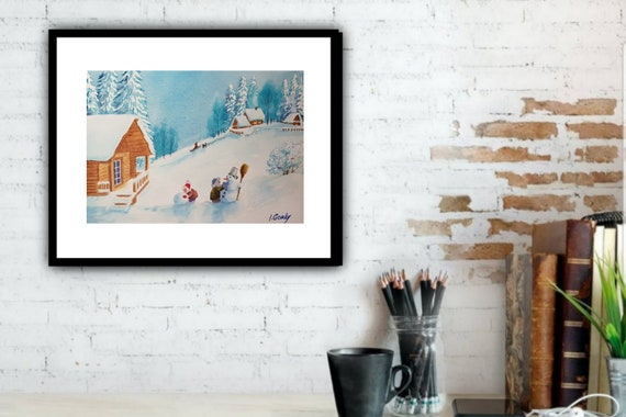 Countryside Nordic Snowy Landscape painting, Original art, Landscape with snowy pine trees and children making snowman
