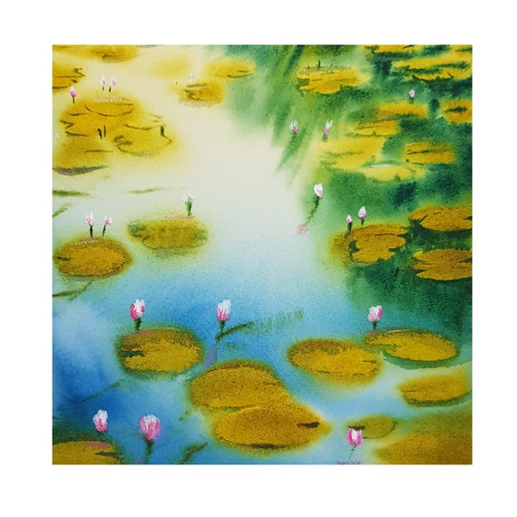 Original Water lily artwork - Small Watercolor landscape painting in Alla Prima technique