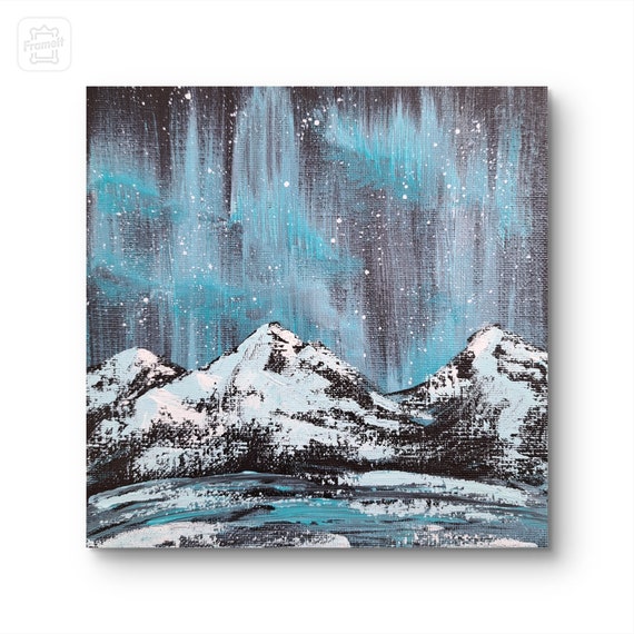 Aurora Borealis Painting Northern Lights canvas Artwork Night Sky Original Art Impasto Landscape painting 8" x 8" by Ira Gorky