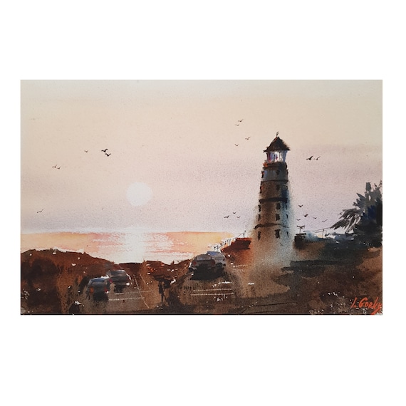 Original Miniature Painting LIGHTHOUSE with Ocean view and Seagulls, Watercolor seascape, trending now marine miniature by Ira Gorky