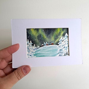 Pequena pintura em aquarela de céu noturno, arte AURORA BOREALIS, cartão original ACEO 3,5" x 2,5" Mini arte de casa de bonecas, arte do céu do norte por Ira Gorky