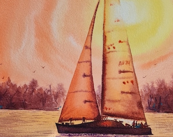 日没時の漁船オリジナル水彩画、ボートの絵、黄色オレンジ色のボートの