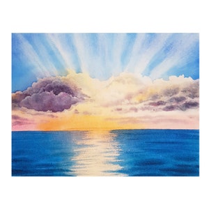 Nuvole del cielo e opere d'arte ad acquerello rilassanti del mare, pittura di paesaggio originale, opere d'arte personalizzate nautiche dell'artista australiano Ira Gorky