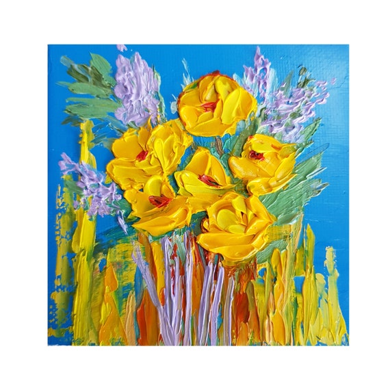 Still life 3D impasto WILD YELLOW FLOWERS painting, Textured Floral oil painting, Boho style artwork 4 x 4 inch square painting by Ira Gorky