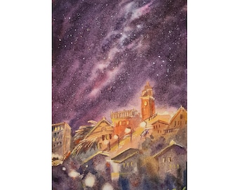 Peinture de ville, peinture de paysage de ciel nocturne d'aquarelle ciel de NUIT ÉTOILÉE 20 x 12 pouces Peinture originale de paysage urbain par Ira Gorky