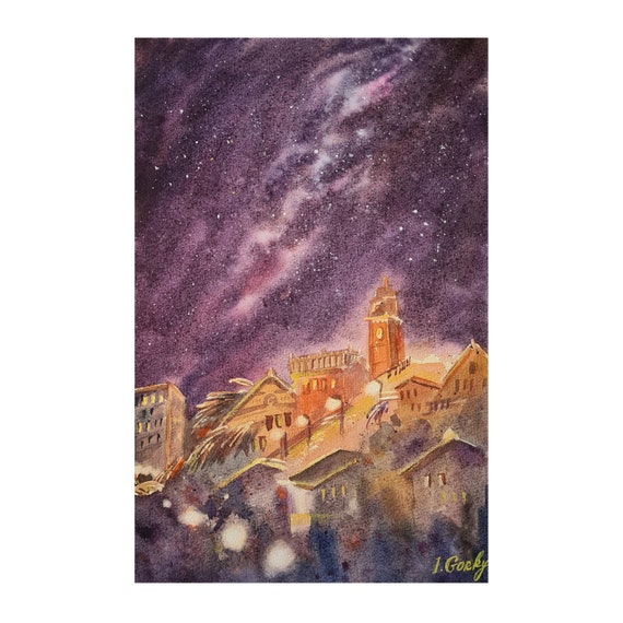 Town painting, Watercolor night sky landscape painting STARRY NIGHT Sky 8 x 12 inches Original cityscape painting by Ira Gorky