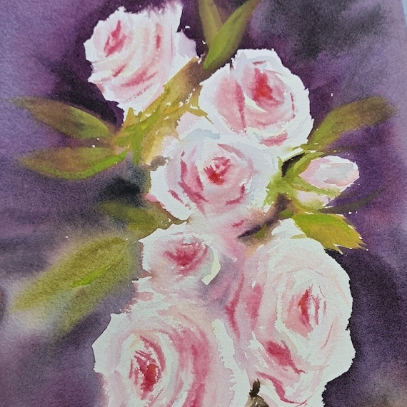 Pink Roses on a Purple background Original watercolor painting, Pink roses wall art, Elegant English roses painted by Ira Gorky