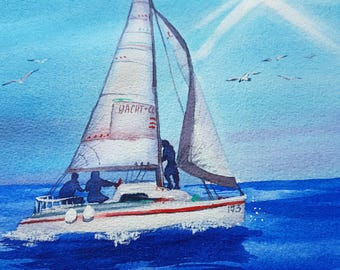 Sailboat Watercolor Painting: Coastal Seascape Art (20" x 16")