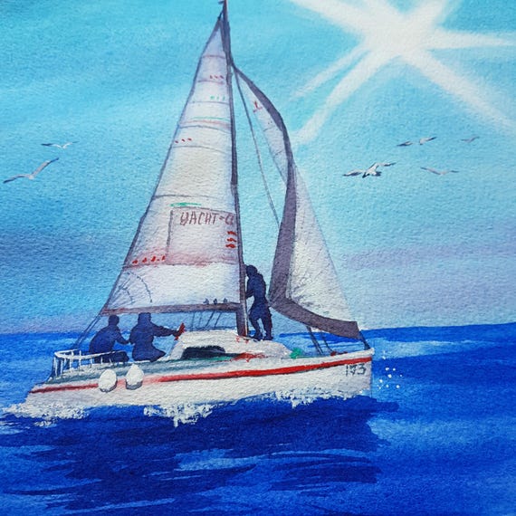 Sailboat watercolor seascape wall art, Coastal yacht painting 20" x 16" original watercolour painting by Ira Gorky