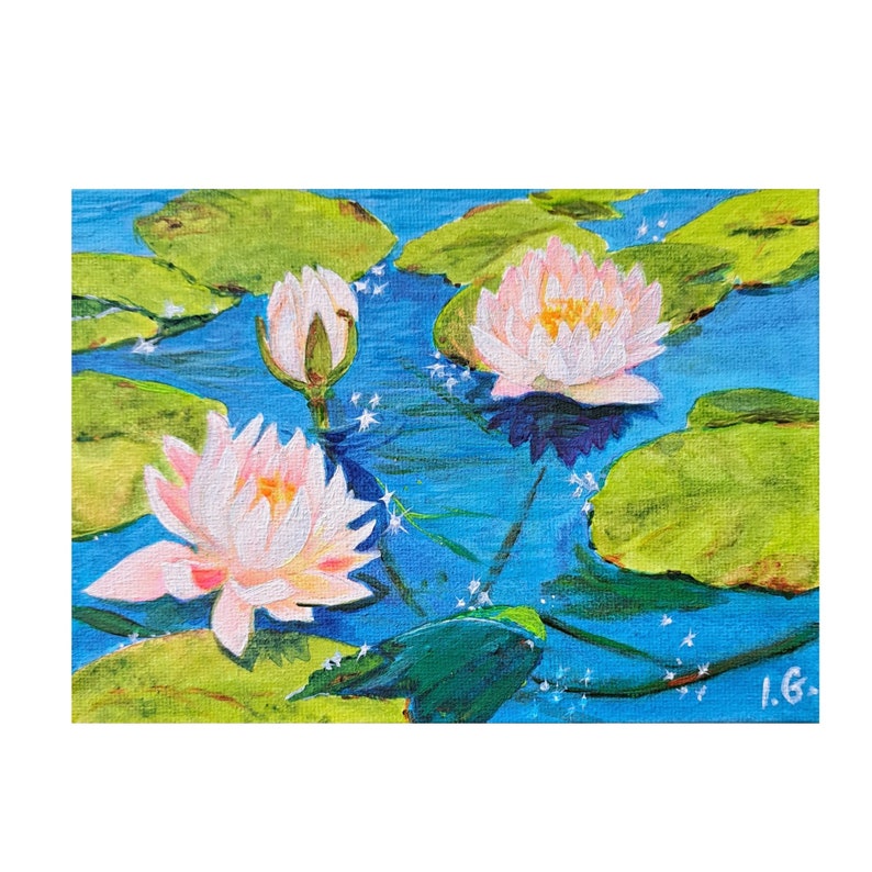 May include: A painting of pink water lilies with green lily pads on a blue background. The painting is signed "I.G."