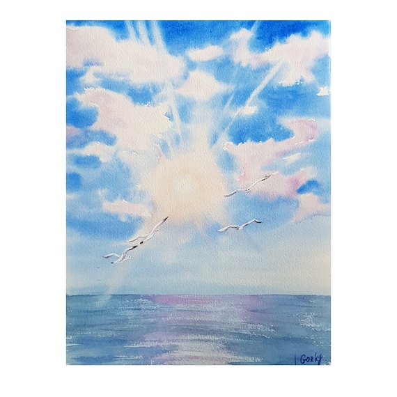 Mystical Sky Blue Clouds painting Flying birds artwork, Seascape painting, Fantasy Artwork, Mystical Sunlight by Ira Gorky