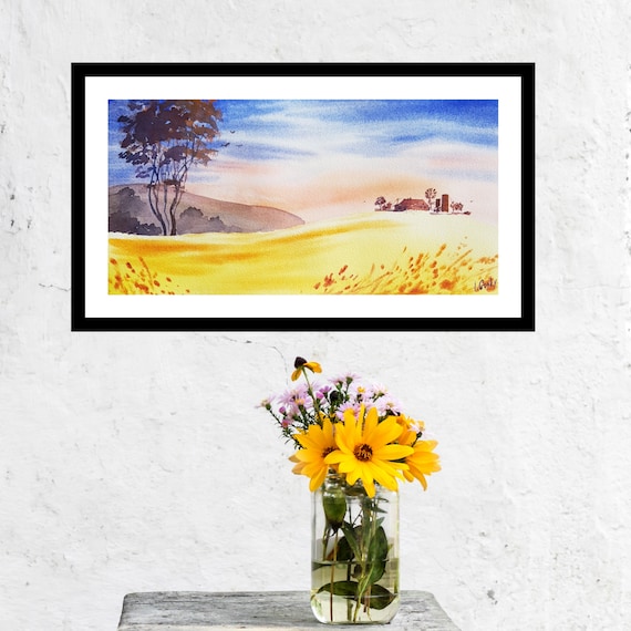 COUNTRYSIDE FARM FIELD Panoramic Landscape painting, Panoramic watercolour wall artwork, Original watercolour artwork by Ira Gorky