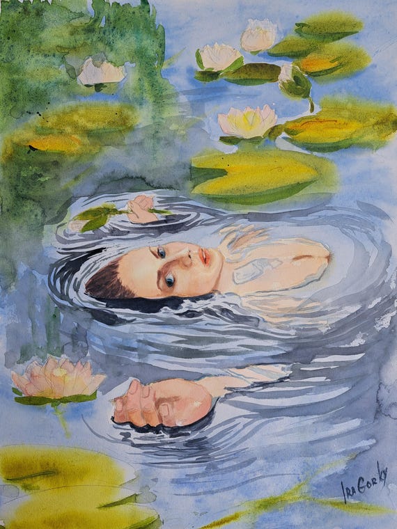 Floating Woman Original Watercolor Painting, Figurative Lotus Pond Artwork, Serene Nature Wall Art