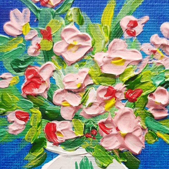 Still life 3D impasto RED ROSES Oil painting, Miniature painting 4" x 4" or 10x10 cm, Boho style artwork by Ira Gorky