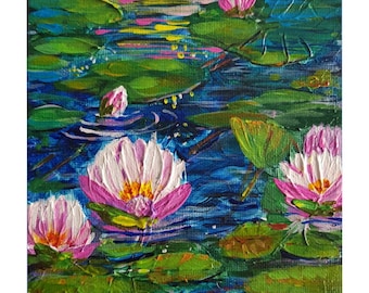 Original Water Lilies Impasto Painting: 3D Floral Art, 6" x 6"