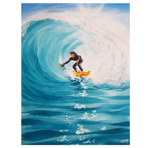 SURFER Watercolor seascape painting, minimal Ocean artwork, 14" x 16", or 36 x 46 cm Aquamarine artwork, Coastal painting by Ira Gorky