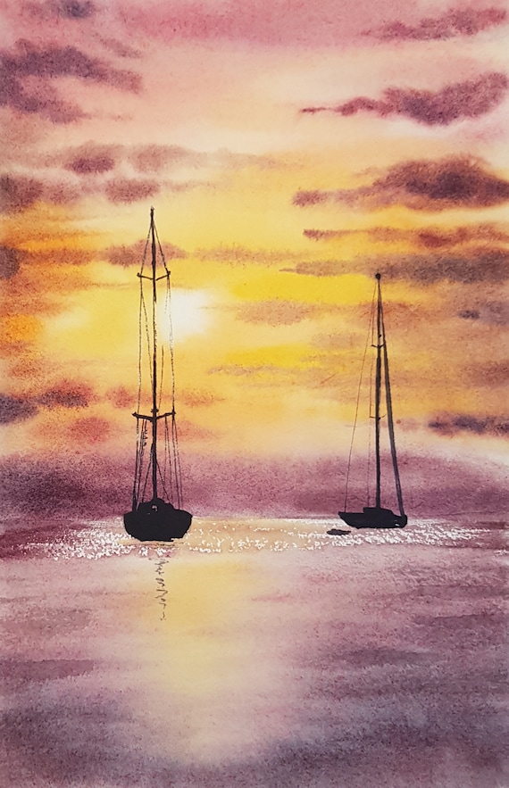 Sea Sailboat at sunset, Art PRINT From My watercolour artwork
