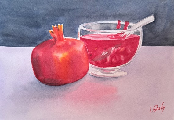 Pomegranate Fruit and Jam - 10" x 7" still life original painting